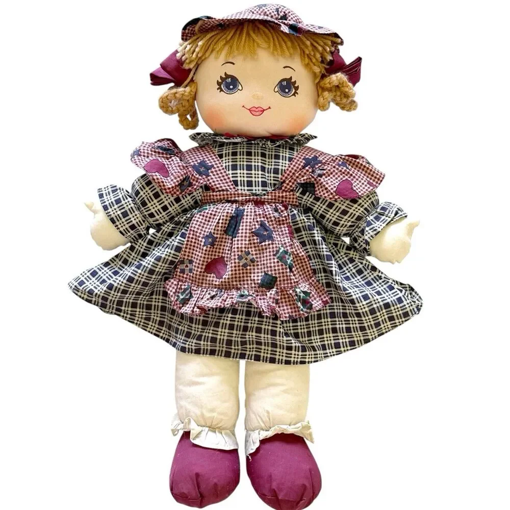 Vintage 1995 Sweetie Mine Rag Doll Plush Plaid Dress Bonnet Americana Folk 23